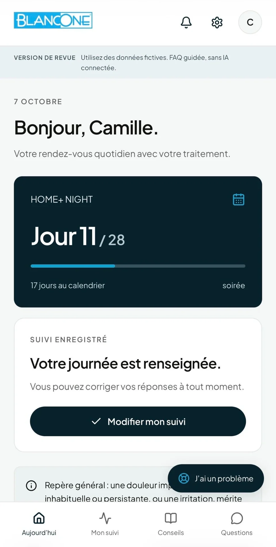 Tableau de bord Whitening Assist et journée de traitement